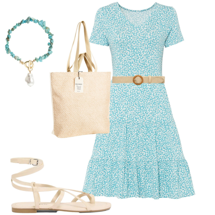 Outfit donna - Giugno. Stile Basic per Tutti i giorni. Abbinamento con vestiti, sandali, cinture, borse tote, braccialetti.