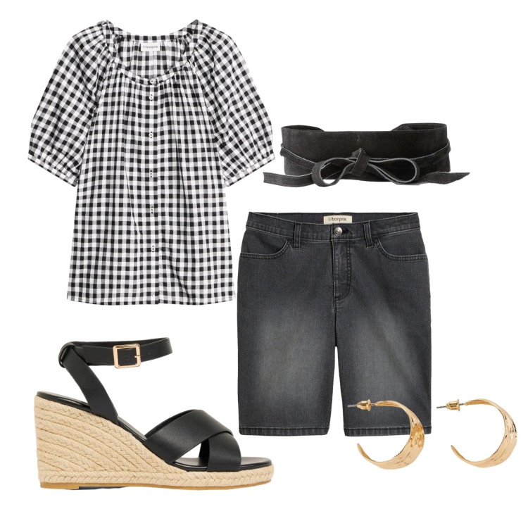 Outfit donna - Total look #2425031. Stile Basic per Tutti i giorni. Abbinamento con bluse, cinture, bermuda, orecchini, zeppe.