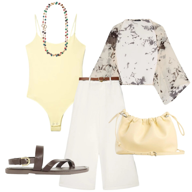 Outfit donna - Total look #2425033. Stile Trendy per Tutti i giorni. Abbinamento con borse a tracolla, sandali, canottiere, pantaloni a palazzo, collane, bolero.