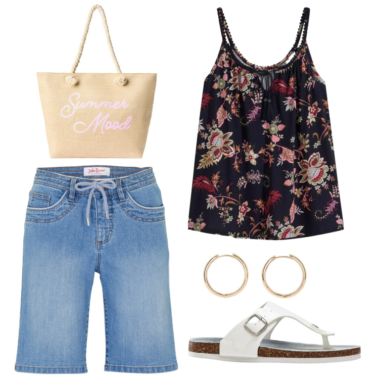 Outfit donna - Top fantasia. Stile Casual per Tutti i giorni. Abbinamento con top, bermuda, infradito, orecchini, borse tote.