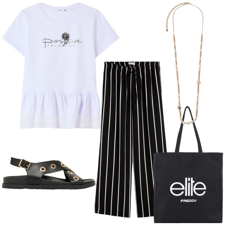 Outfit donna - Total look #2425042. Stile Basic per Tutti i giorni. Abbinamento con pantaloni, sandali, t-shirt, collane, shopping bag.