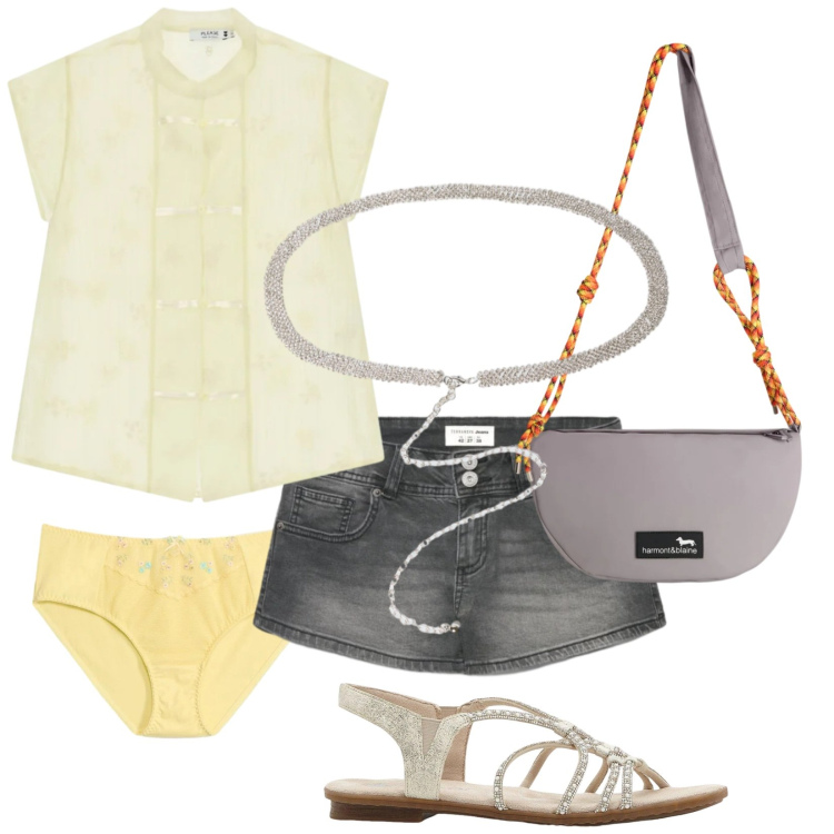 Outfit donna - L\'estate in città. Stile Trendy per Tutti i giorni. Abbinamento con sandali, culotte, shorts, borse a tracolla, camicie a manica corta, cinture.