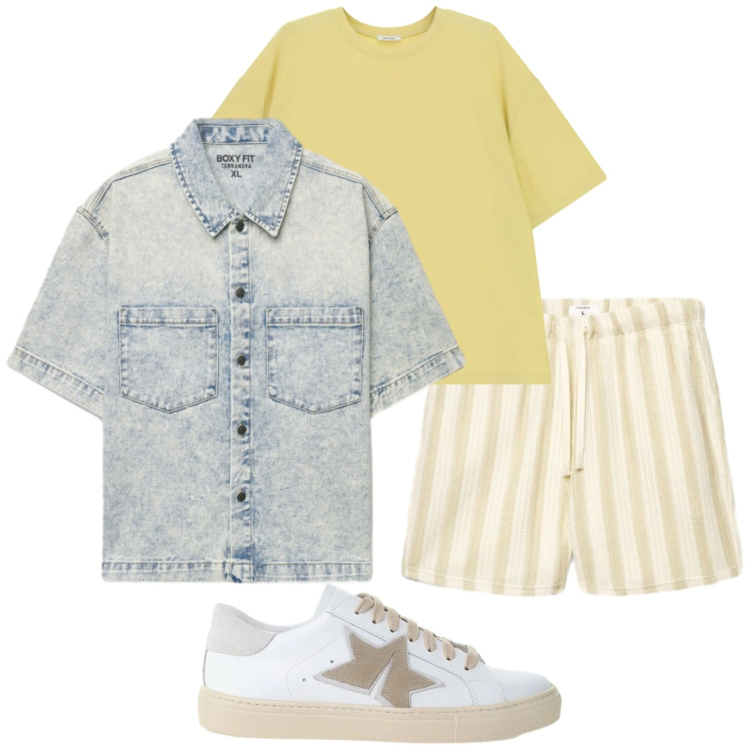 Outfit uomo - L\'estate in città. Stile Trendy per Tutti i giorni. Abbinamento con camicie a manica corta, pantaloni corti, sneakers, t-shirt.
