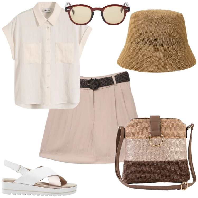 Outfit donna - Bermuda. Stile Casual chic per Tutti i giorni. Abbinamento con camicie, sandali, borse a tracolla, bermuda, occhiali da sole, cappelli.