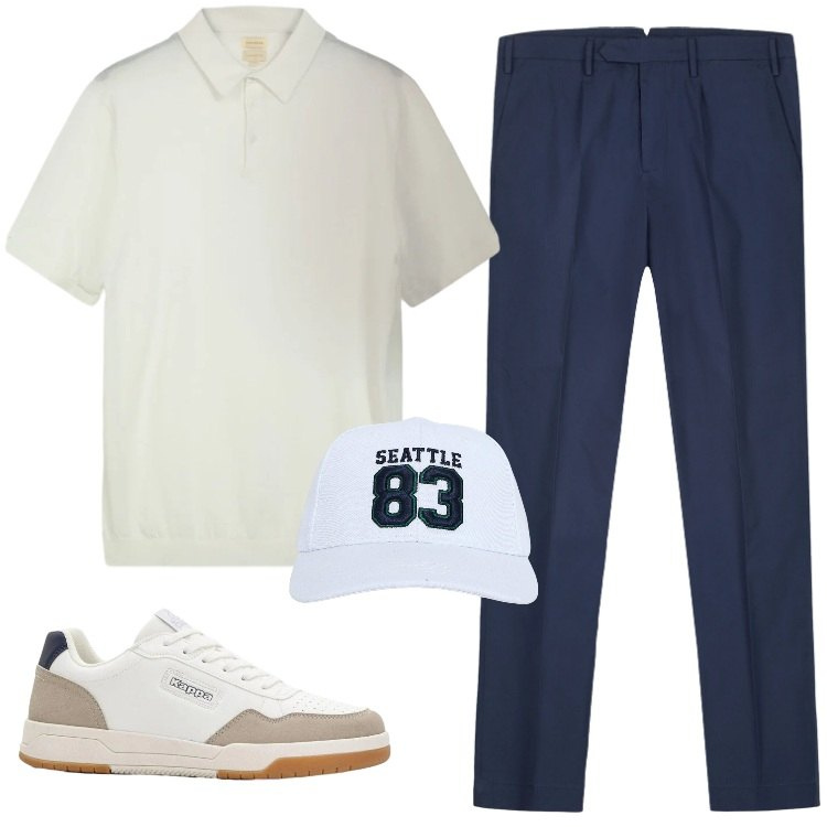 Outfit uomo - Total look #2425056. Stile Trendy per Tutti i giorni. Abbinamento con sneakers, cappelli, pantaloni, polo.
