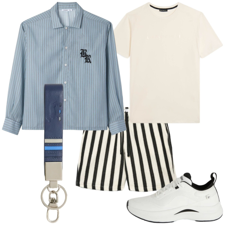 Outfit uomo - Spirito vacanziero. Stile Trendy per Tutti i giorni. Abbinamento con portachiavi, camicie, pantaloni corti, sneakers, t-shirt sportive.