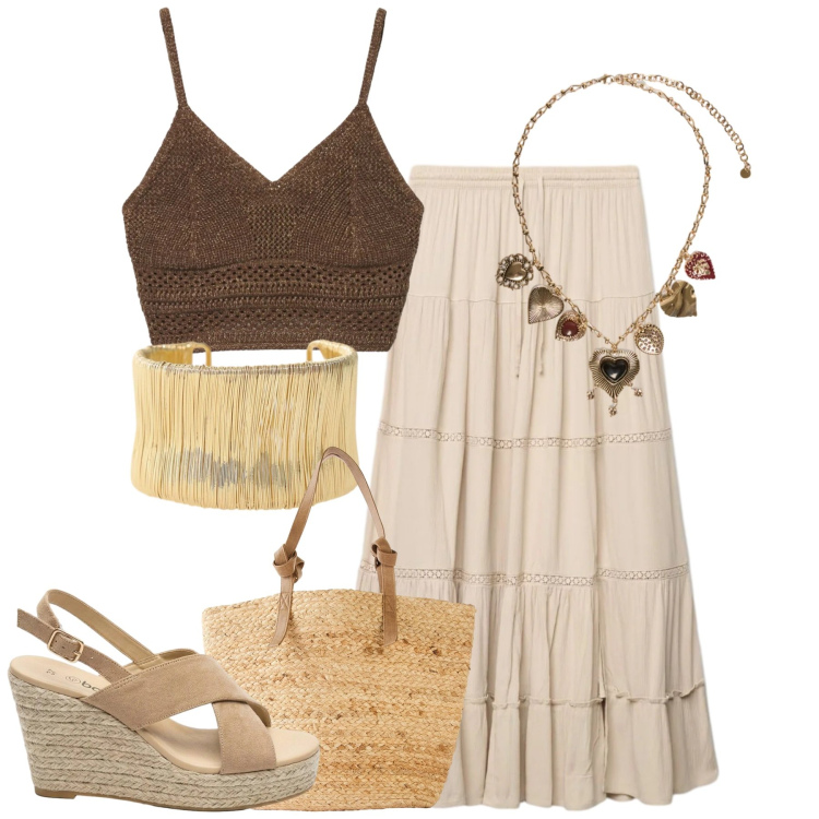 Outfit donna - Al mare. Stile Casual chic per Mare. Abbinamento con shopping bag, sandali col tacco, gonne lunghe, top, braccialetti, collane.