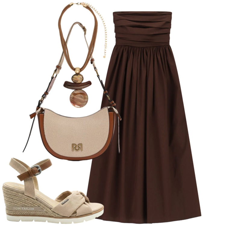 Outfit donna - Giugno. Stile Casual chic per Tutti i giorni. Abbinamento con sandali col tacco, vestiti midi/longuette, borse a tracolla, ciondoli.