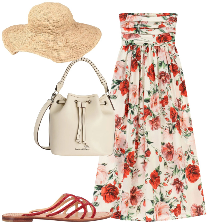 Outfit donna - Summer. Stile Romantica per Tutti i giorni. Abbinamento con cappelli, ciabatte, borse a secchiello, vestiti midi/longuette.