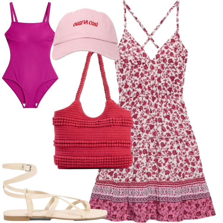 Outfit donna - Al mare. Stile Romantica per Tutti i giorni. Abbinamento con costumi interi, sandali, shopping bag, cappelli con visiera, vestiti corti.