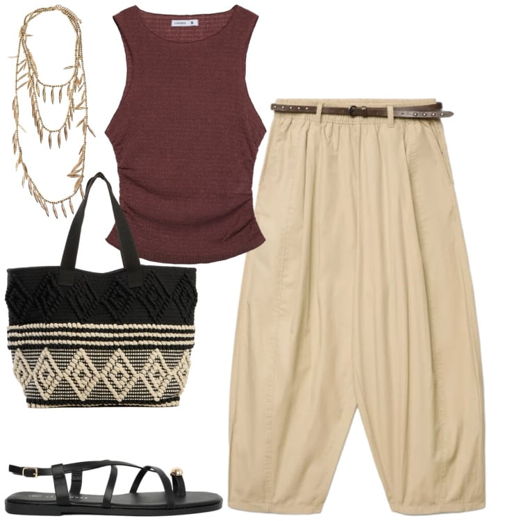 Outfit donna - City. Stile Casual chic per Tutti i giorni. Abbinamento con shopping bag, top, pantaloni, sandali, collane.