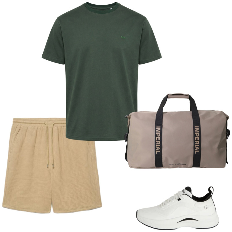 Outfit uomo - Sport. Stile Casual per Sport. Abbinamento con t-shirt, pantaloni corti, sneakers, borse sportive.