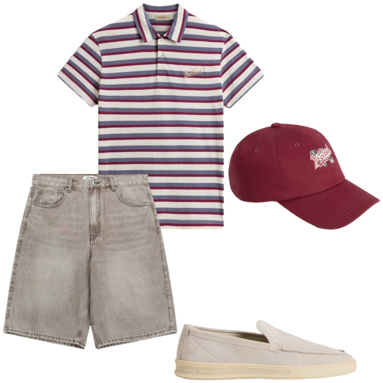 Outfit uomo - Relax. Stile Casual per Tutti i giorni. Abbinamento con polo, scarpe stringate, cappelli con visiera, bermuda.