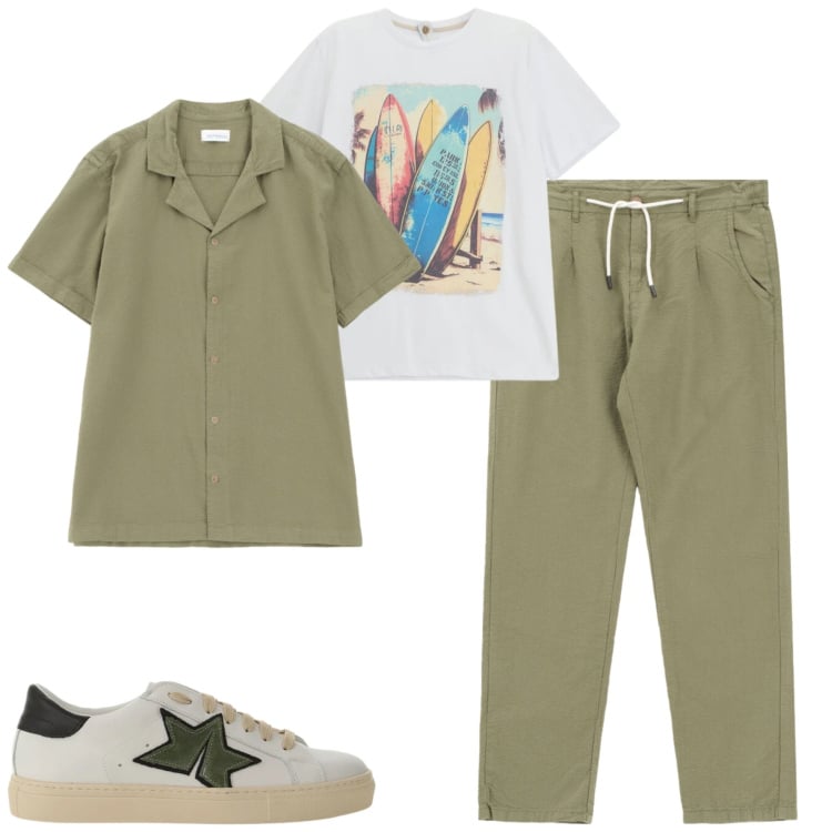 Outfit uomo - Summer. Stile Casual per Tutti i giorni. Abbinamento con camicie a manica corta, pantaloni, t-shirt, sneakers.