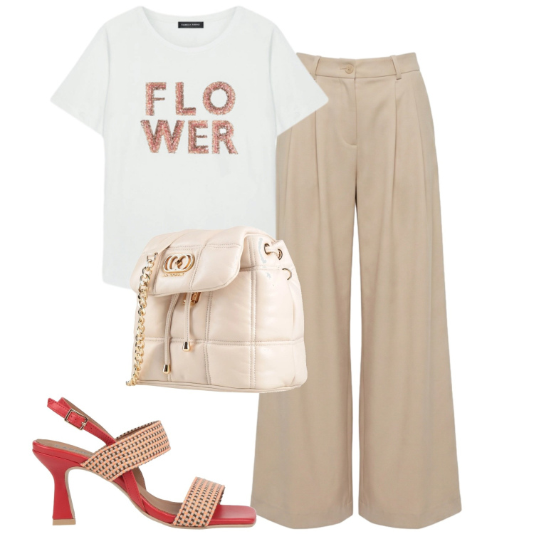 Outfit donna - Total look #2425110. Stile Casual chic per Tutti i giorni. Abbinamento con sandali in pelle, valigie, pantaloni, t-shirt.
