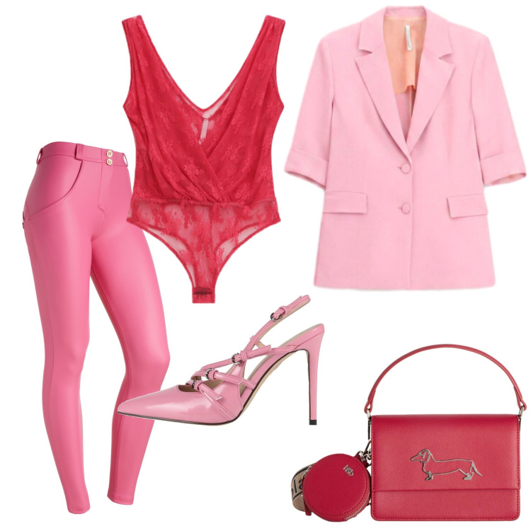 Outfit donna - Total look #2425112. Stile Glamour per Serata fuori. Abbinamento con décolleté, borse a tracolla, top, blazer, pantaloni skinny.