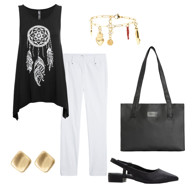 Outfit donna - Total look #2425129. Stile Casual chic per Ufficio. Abbinamento con top, pantaloni, décolleté, orecchini, shopping bag, braccialetti.