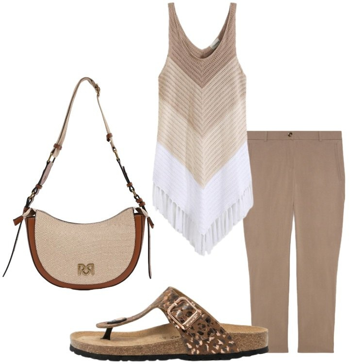 Outfit donna - Fresca e comoda in città. Stile Basic per Tutti i giorni. Abbinamento con infradito, vestiti da spiaggia, borse a tracolla, pantaloni.