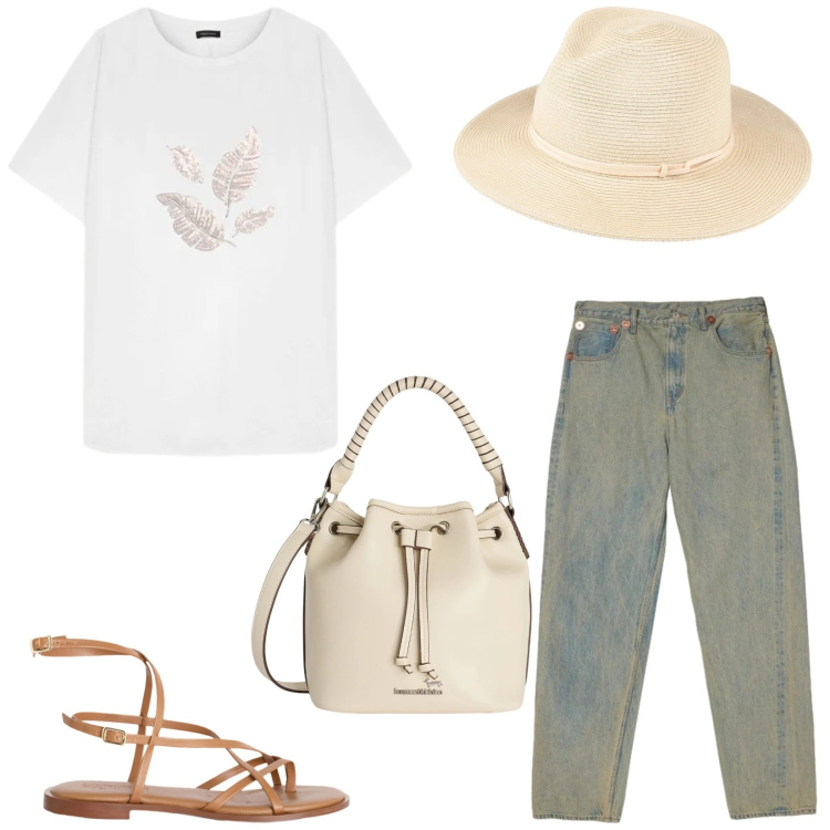 Outfit donna - Total look #2425140. Stile Casual per Tutti i giorni. Abbinamento con cappelli, borse a secchiello, sandali in pelle, jeans, t-shirt.