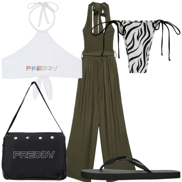 Outfit donna - Total look #2425144. Stile Trendy per Mare. Abbinamento con infradito, tute, borse messenger, bikini, bikini.