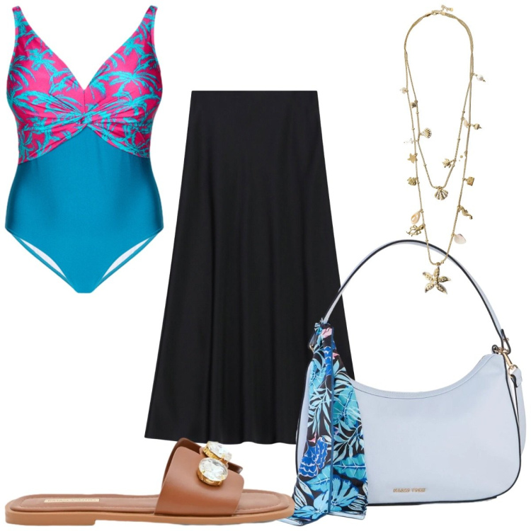 Outfit donna - Total look #2425150. Stile Trendy per Mare. Abbinamento con borse a mano, gonne lunghe, collane, sandali gioiello, costumi interi.