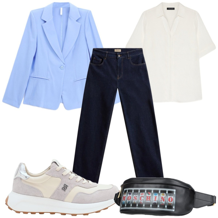 Outfit donna - Total look #2425154. Stile Casual per Ufficio. Abbinamento con marsupi, blazer, sneakers, jeans, camicie a manica corta.