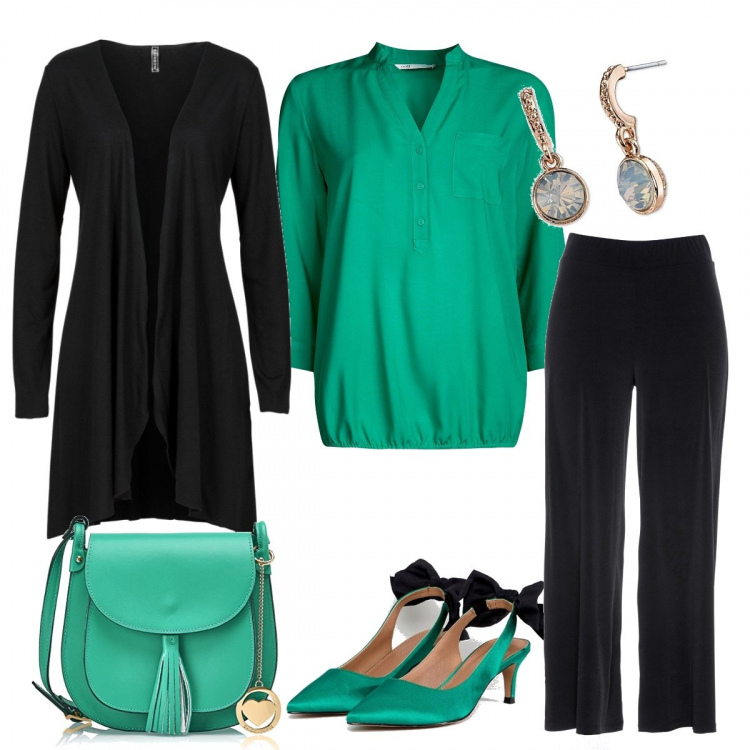 Outfit donna - Festa della donna. Stile Bon Ton per Serata fuori. Abbinamento con cardigans, pantalone, camicetta con scollo aderente verde, scarpe con fiocco e tacco spillo con cinturino a punta in denim, shopping bag turchese, orecchini.