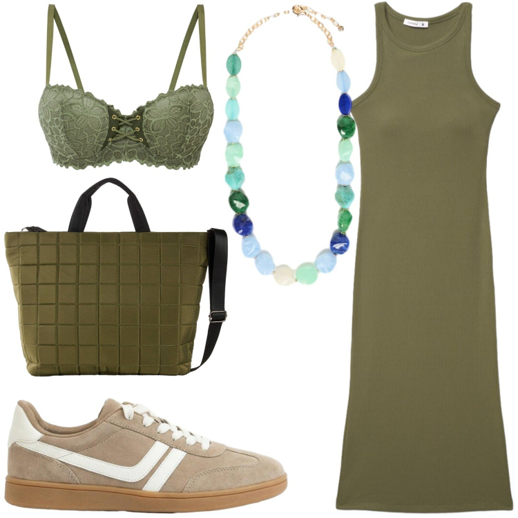 Outfit donna - Total look #2425175. Stile Casual per Tutti i giorni. Abbinamento con reggiseni a balconcino, shopping bag, sneakers, vestiti midi/longuette, collane.