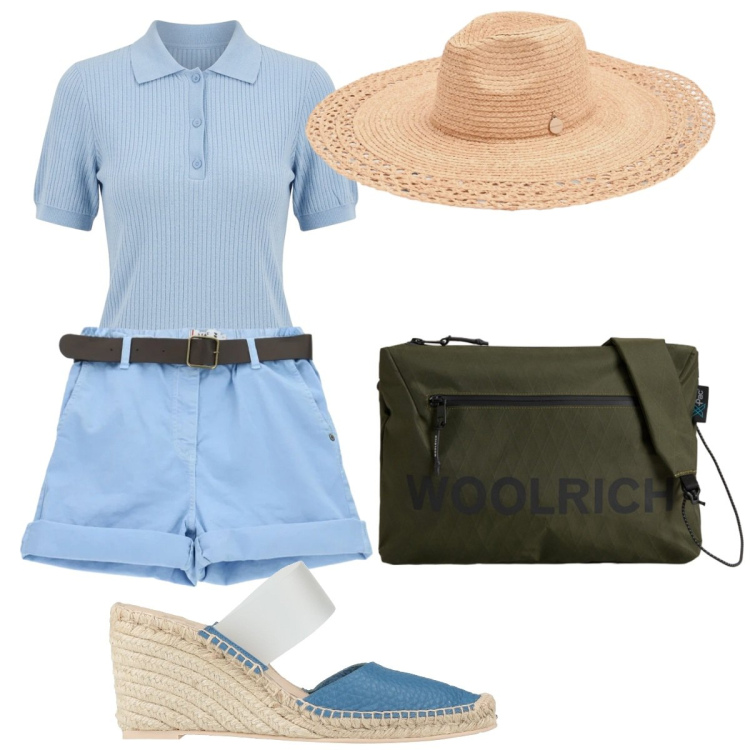 Outfit donna - Total look estivo. Stile Casual chic per Tutti i giorni. Abbinamento con espadrillas, cappelli, polo, shorts, borse a tracolla.