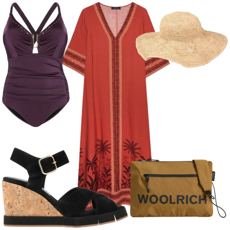 Outfit donna - Total look #2425185. Stile Etnico per Mare. Abbinamento con cappelli, sandali in pelle, borse a tracolla, costumi interi, caftani.