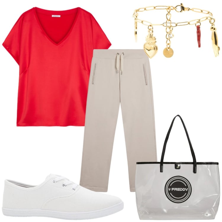 Outfit donna - Total look #2425188. Stile Sporty chic per Tutti i giorni. Abbinamento con sneakers, t-shirt, shopping bag, braccialetti, pantaloni.