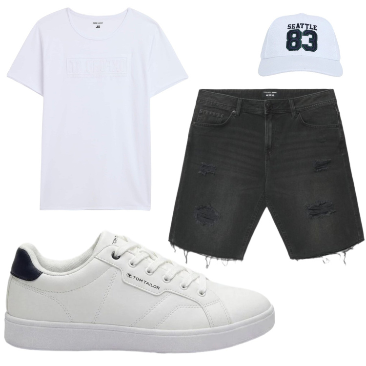 Outfit uomo - Casual. Stile Casual per Tutti i giorni. Abbinamento con sneakers, cappelli, pantaloni corti, t-shirt.