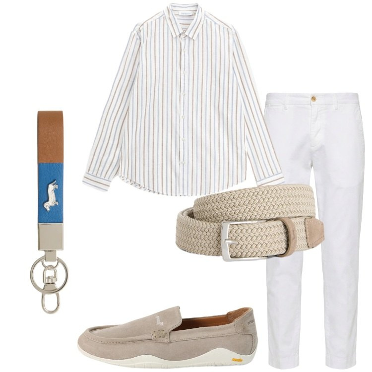 Outfit uomo - Prime notti d’estate. Stile Trendy per Serata speciale. Abbinamento con portachiavi, pantaloni chino, scarpe stringate, cinture, camicie.