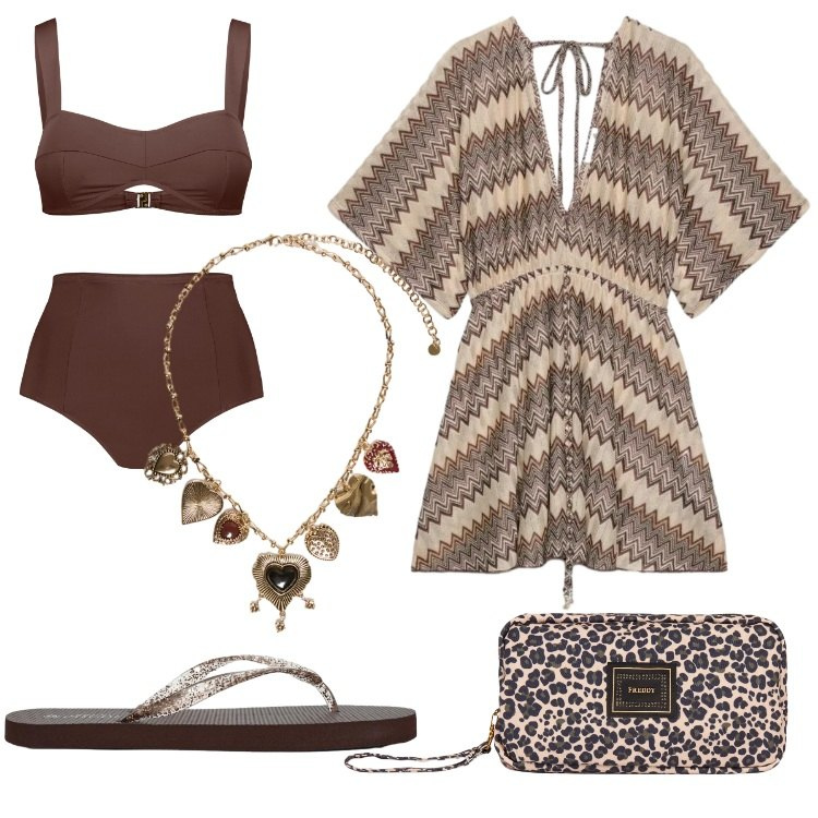 Outfit donna - Il kaftano per la spiaggia. Stile Etnico per Mare. Abbinamento con infradito, caftani, collane, valigie, bikini.