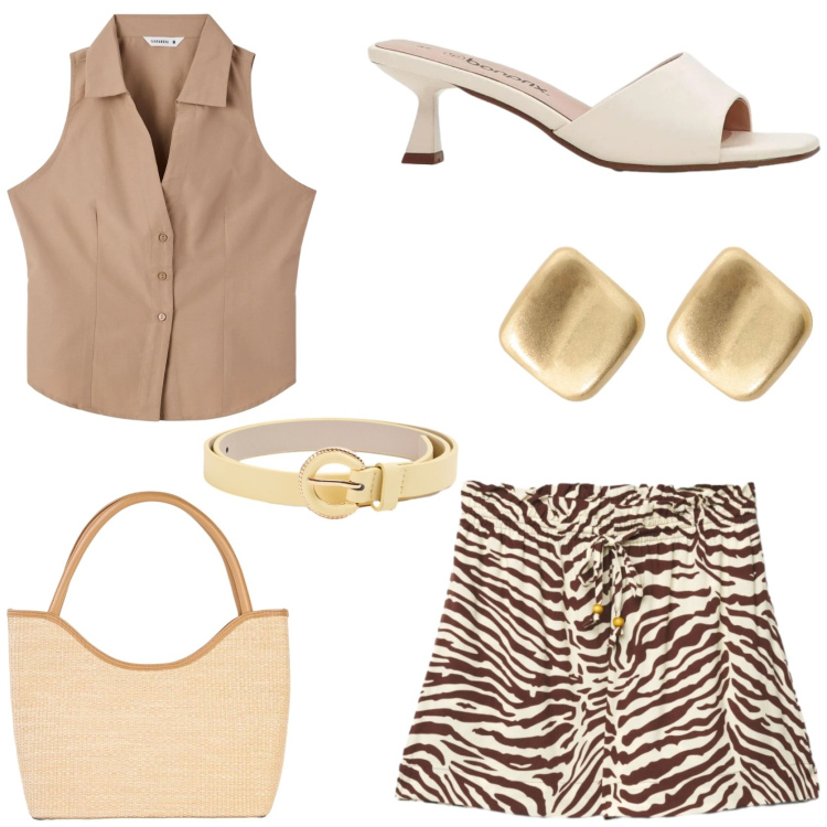 Outfit donna - Summer style. Stile Chic per Tutti i giorni. Abbinamento con sandali, shopping bag, top, cinture, shorts, orecchini.