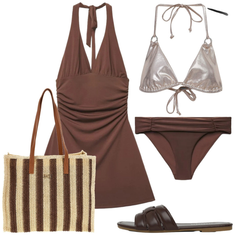 Outfit donna - Cioccolato in estate. Stile Casual chic per Mare. Abbinamento con bikini, ciabatte, vestiti corti, bikini, borse a spalla.