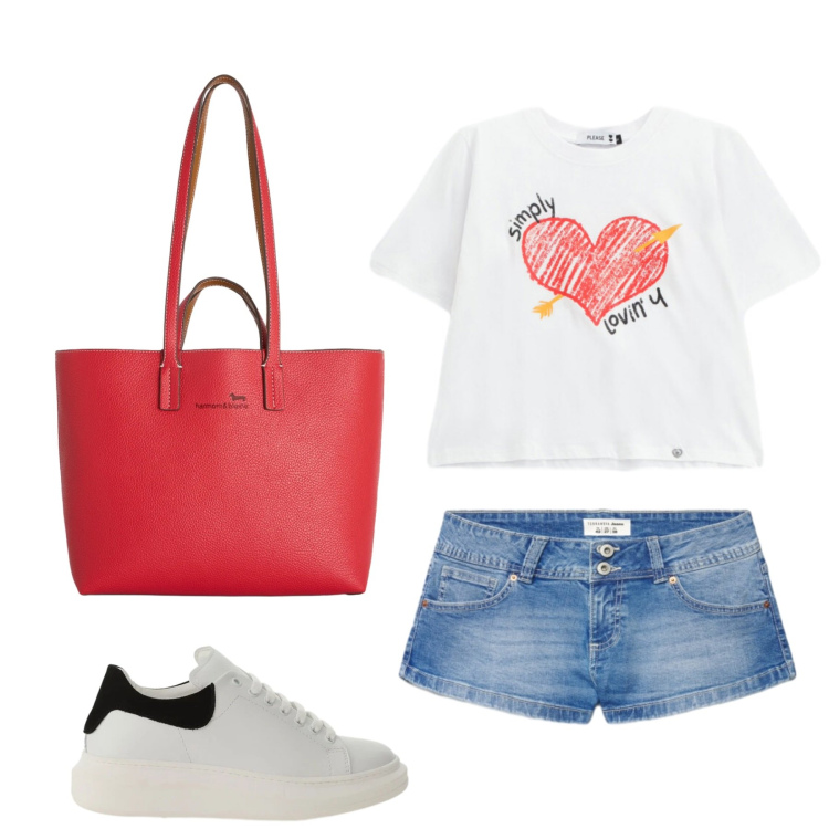 Outfit donna - Super Easy. Stile Casual per Tutti i giorni. Abbinamento con shopping bag, shorts, t-shirt, sneakers.