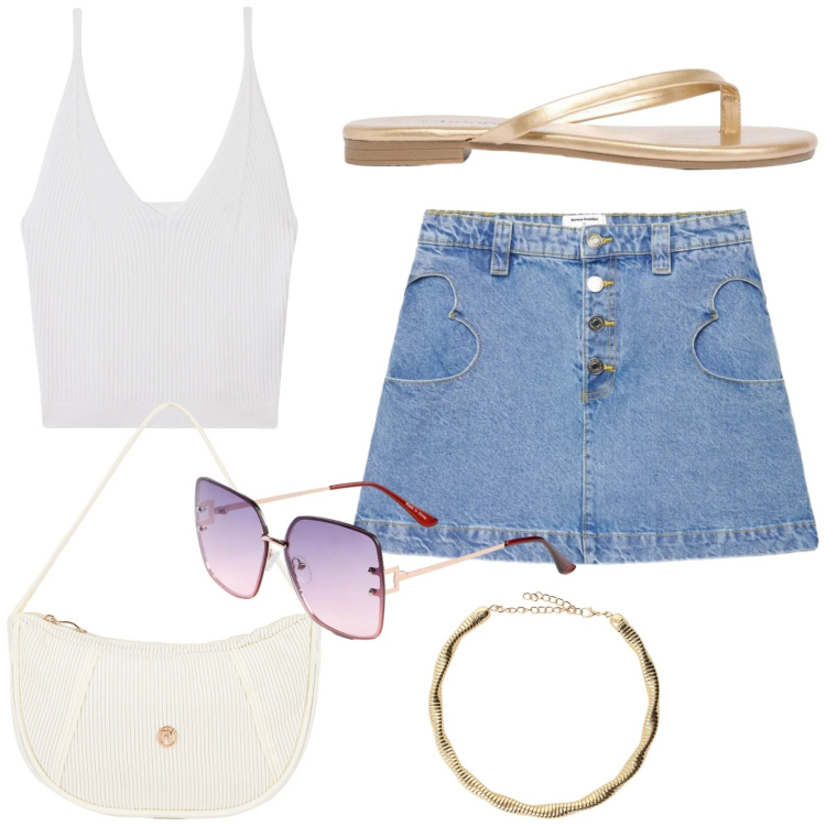 Outfit donna - Young style. Stile Minimal per Tutti i giorni. Abbinamento con occhiali da sole, sandali, top, minigonne, collane, borse a mano.