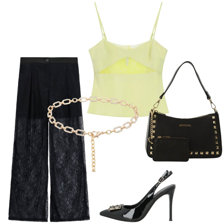 Outfit donna - Serata glam. Stile Glamour per Serata fuori. Abbinamento con décolleté, canottiere, borse a spalla, pantaloni a palazzo, cinture.