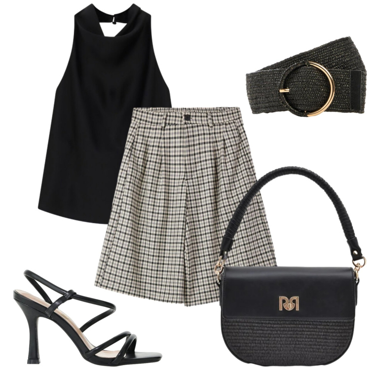 Outfit donna - Eleganza in bermuda. Stile Bon Ton per Serata fuori. Abbinamento con cinture, bermuda, borse a spalla, sandali col tacco, top.