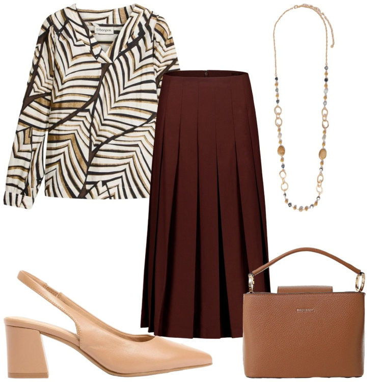 Outfit donna - Total look #2425213. Stile Trendy per Tutti i giorni. Abbinamento con tuniche, décolleté, borse a secchiello, collane, gonne longuette.
