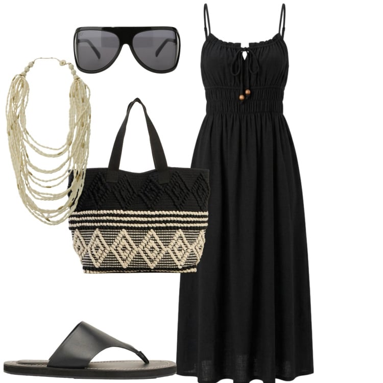Outfit donna - Black dress. Stile Casual chic per Tutti i giorni. Abbinamento con shopping bag, infradito, vestiti lunghi, occhiali da sole, collane.