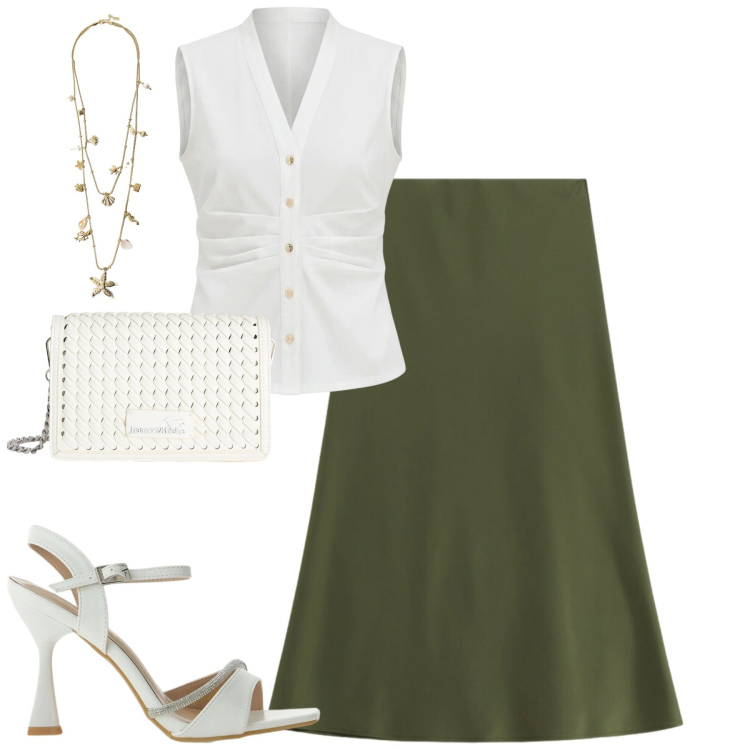 Outfit donna - City. Stile Urban per Tutti i giorni. Abbinamento con borse a tracolla, camicie a manica corta, gonne longuette, sandali gioiello, collane.