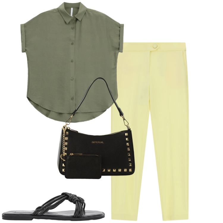 Outfit donna - Summer. Stile Casual chic per Tutti i giorni. Abbinamento con sandali, pantaloni, camicie a manica corta, borse a spalla.