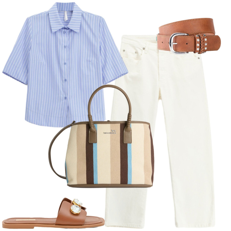 Outfit donna - City. Stile Casual chic per Tutti i giorni. Abbinamento con cinture, shopping bag, pantaloni, sandali gioiello, camicie a manica corta.