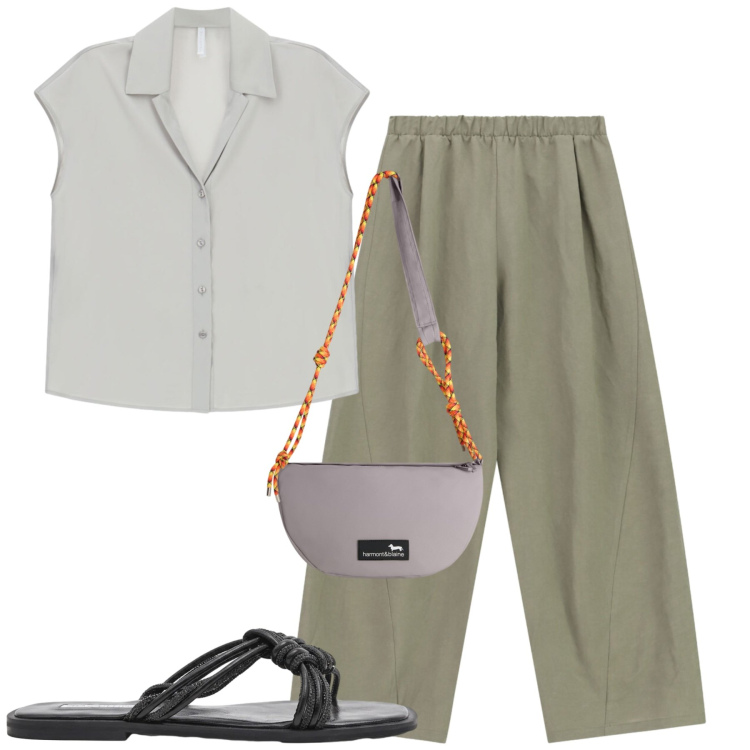 Outfit donna - City. Stile Casual chic per Tutti i giorni. Abbinamento con borse a tracolla, sandali, pantaloni a palazzo, camicie a manica corta.