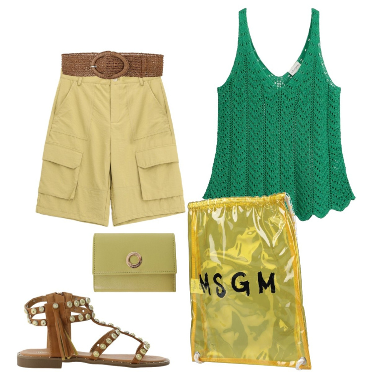 Outfit donna - A tutto colore. Stile Casual chic per Tutti i giorni. Abbinamento con zaini, cinture, canottiere, bermuda, sandali, portafogli.