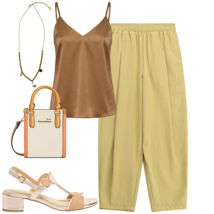 Outfit donna - City. Stile Casual chic per Tutti i giorni. Abbinamento con sandali col tacco, borse tote, top, pantaloni a palazzo, ciondoli.
