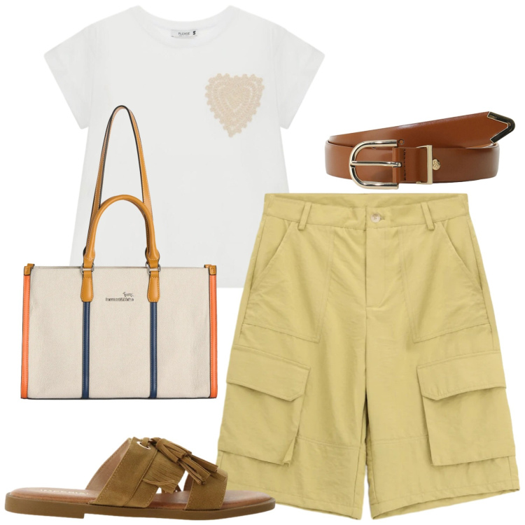 Outfit donna - Giugno. Stile Casual chic per Tutti i giorni. Abbinamento con borse tote, t-shirt, bermuda, sandali, cinture.
