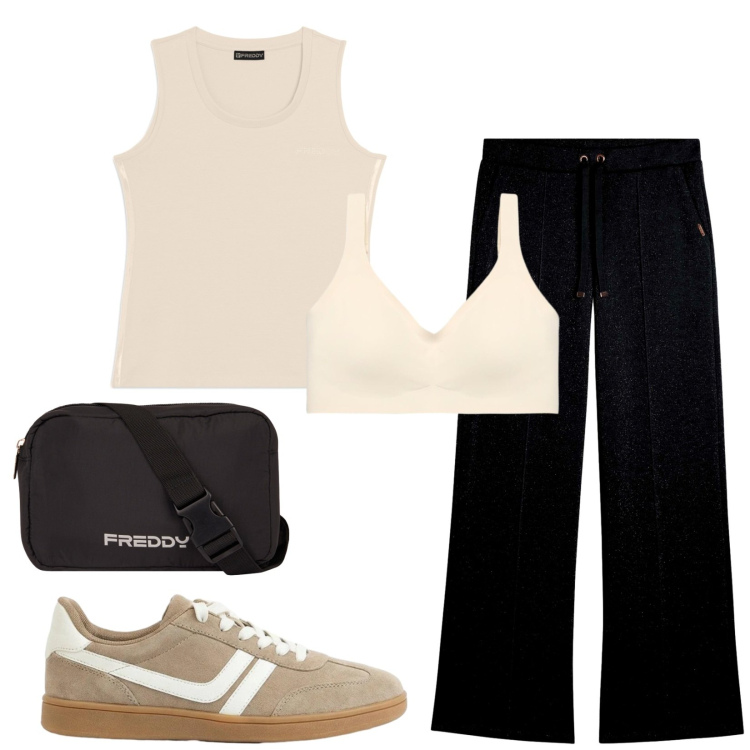 Outfit donna - Total look #2425260. Stile Sporty chic per Tutti i giorni. Abbinamento con sneakers, reggiseni, pantaloni, canottiere, borse a tracolla.